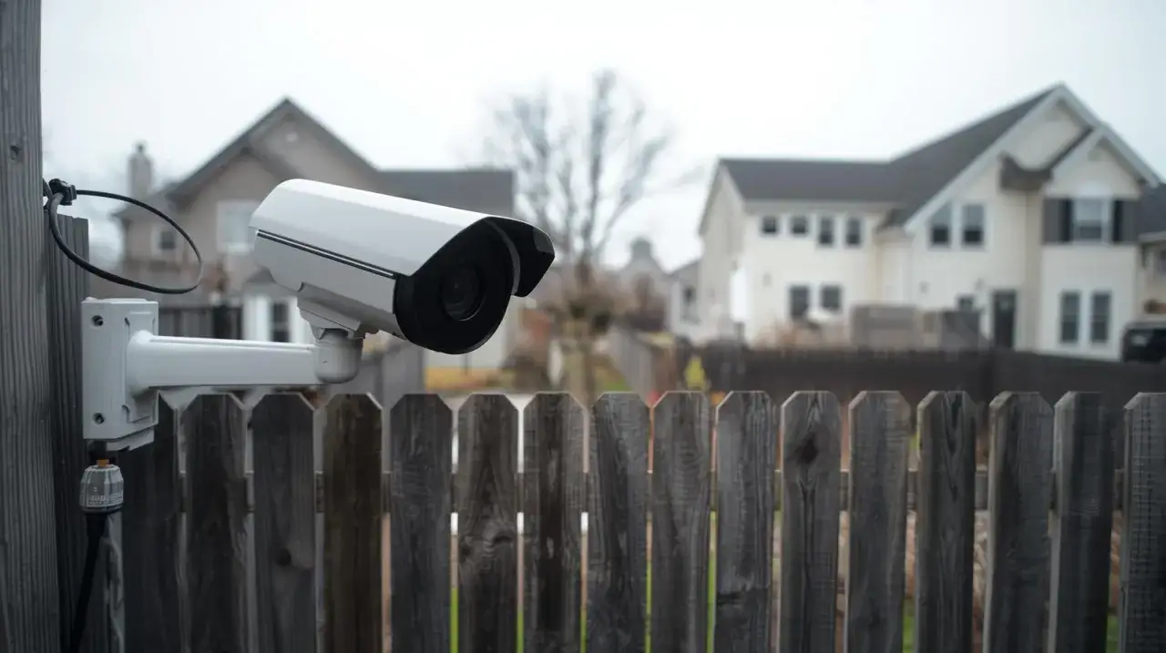 Cam&eacute;ra de surveillance fix&eacute;e sur une cl&ocirc;ture en bois, surveillant les maisons voisines. La r&eacute;glementation sur la cam&eacute;ra de surveillance du voisin est un sujet sensible.