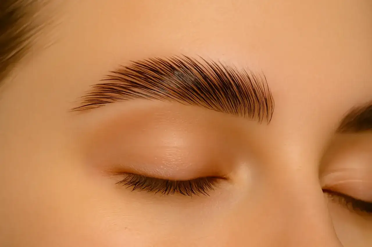 Cejas perfectamente peinadas y definidas, resultado del laminado de cejas.