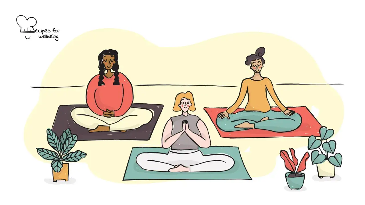 Tre kvinnor sitter i lotusställning på yogamattor, fokuserade på sin 478 andning. Gröna växter ramar in scenen.