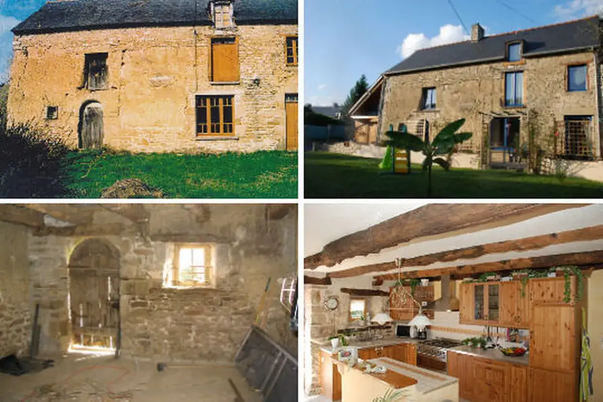 Avant/apr&egrave;s r&eacute;novation vieille maison : ext&eacute;rieur d&eacute;labr&eacute; transform&eacute; en demeure charmante, int&eacute;rieur brut devenu cuisine moderne et chaleureuse.