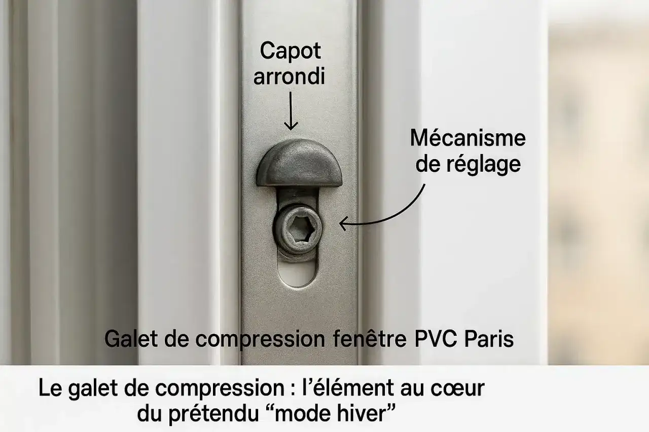 M&eacute;canisme de r&eacute;glage sur une fen&ecirc;tre PVC. Ce galet de compression permet d'ajuster l'&eacute;tanch&eacute;it&eacute;, utile pour le 