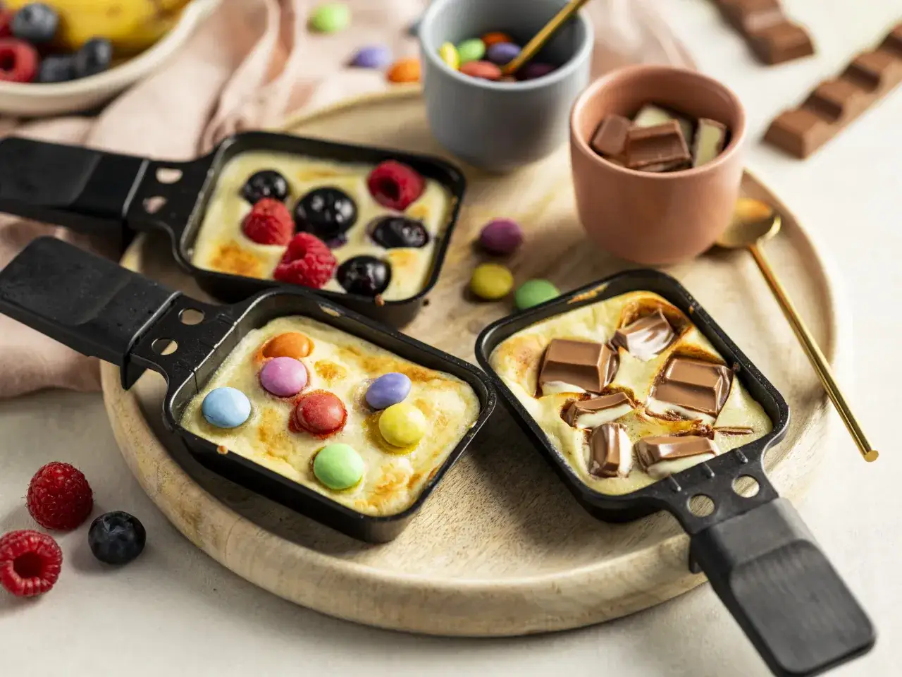 Süße Raclette-Pfännchen mit bunten Smarties und Schokostückchen – tolle Raclette Ideen für Kinder!