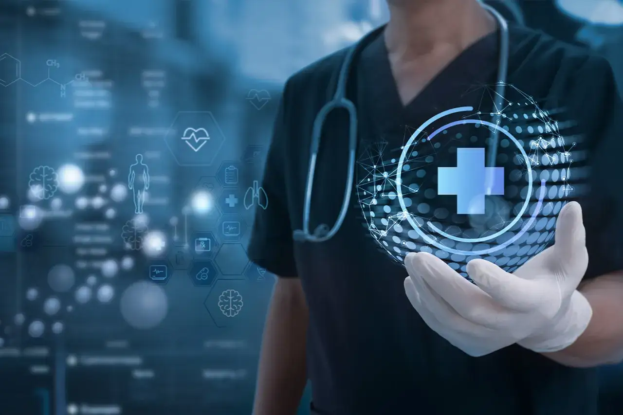 L&auml;kare med stetoskop h&aring;ller upp en digital glob med ett bl&aring;tt kors. Bakgrunden visar medicinska ikoner och molekyl&auml;ra strukturer, vilket symboliserar framtida yrken att satsa p&aring; inom v&aring;rden.