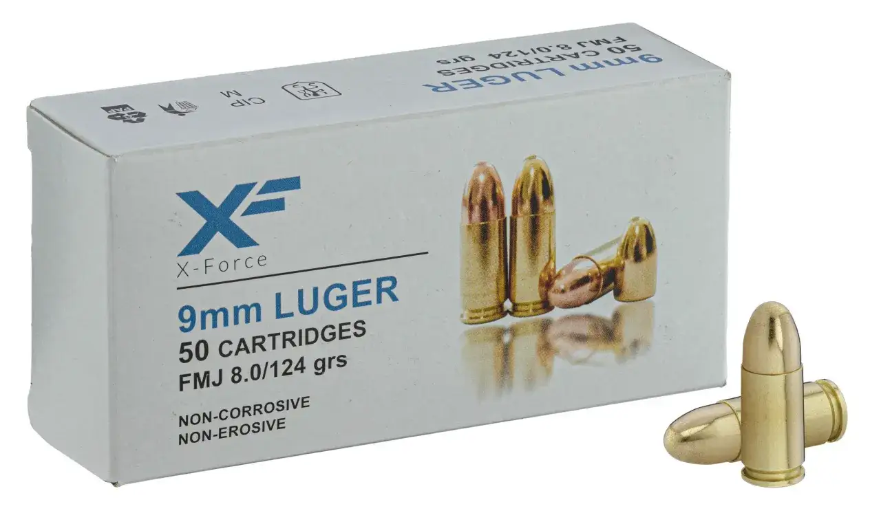 Boîte de munitions 9mm LUGER X-Force, 50 cartouches FMJ 8.0/124 grs. La vitesse de la balle 9mm est optimisée pour la précision.