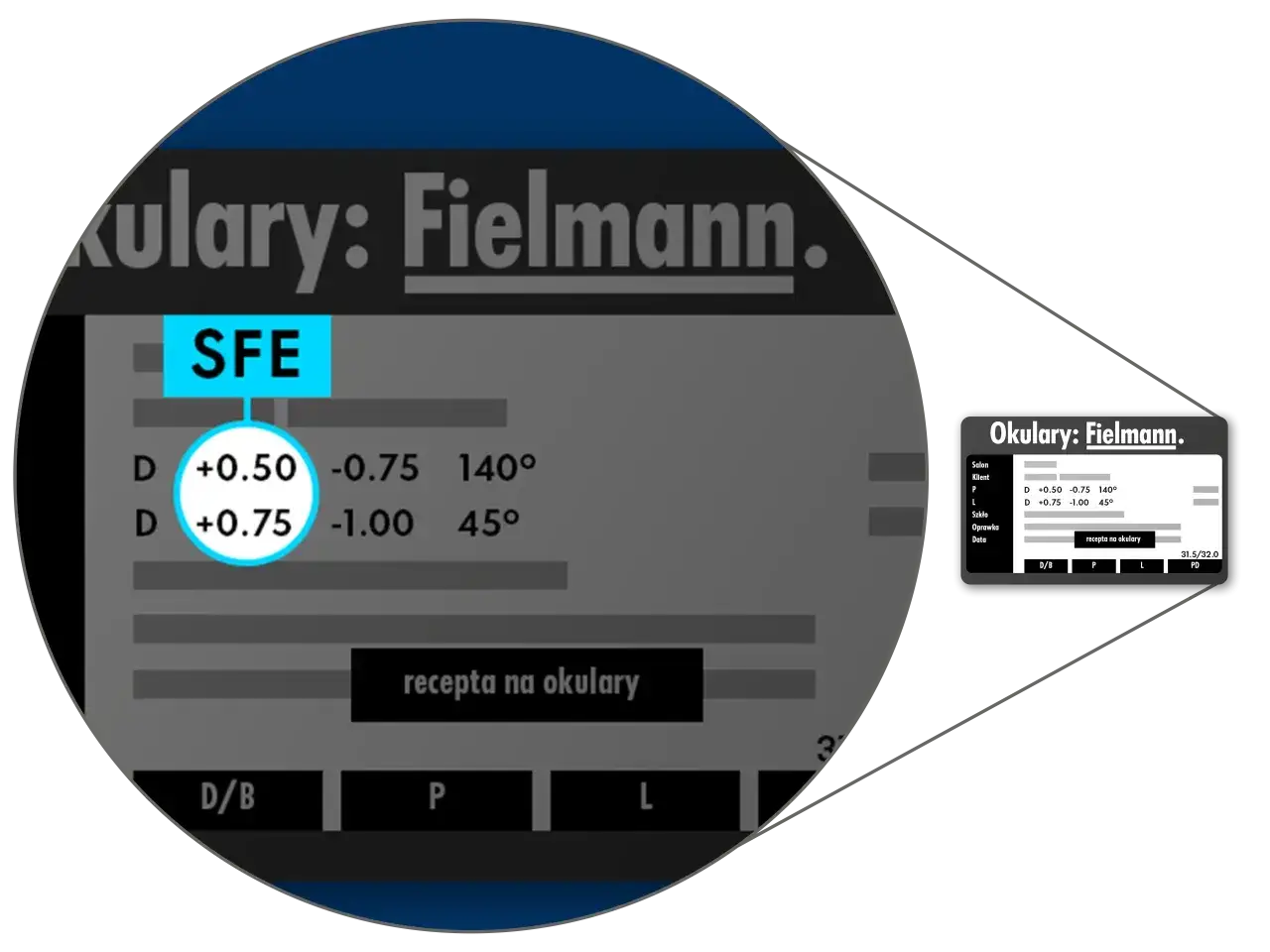 Wyniki badania wzroku jak czytać: recepta na okulary Fielmann z mocami +0.50 i +0.75.