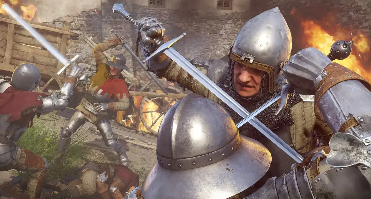 Caballeros en plena batalla medieval, con espadas y armaduras. ¡Un combate intenso digno de Kingdom Come Deliverance trucos!