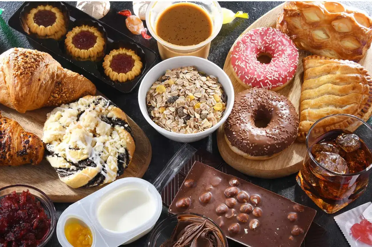 Słodkości, które mają dużo węglowodanów: pączki, ciastka, croissanty, czekolada, musli i napój.