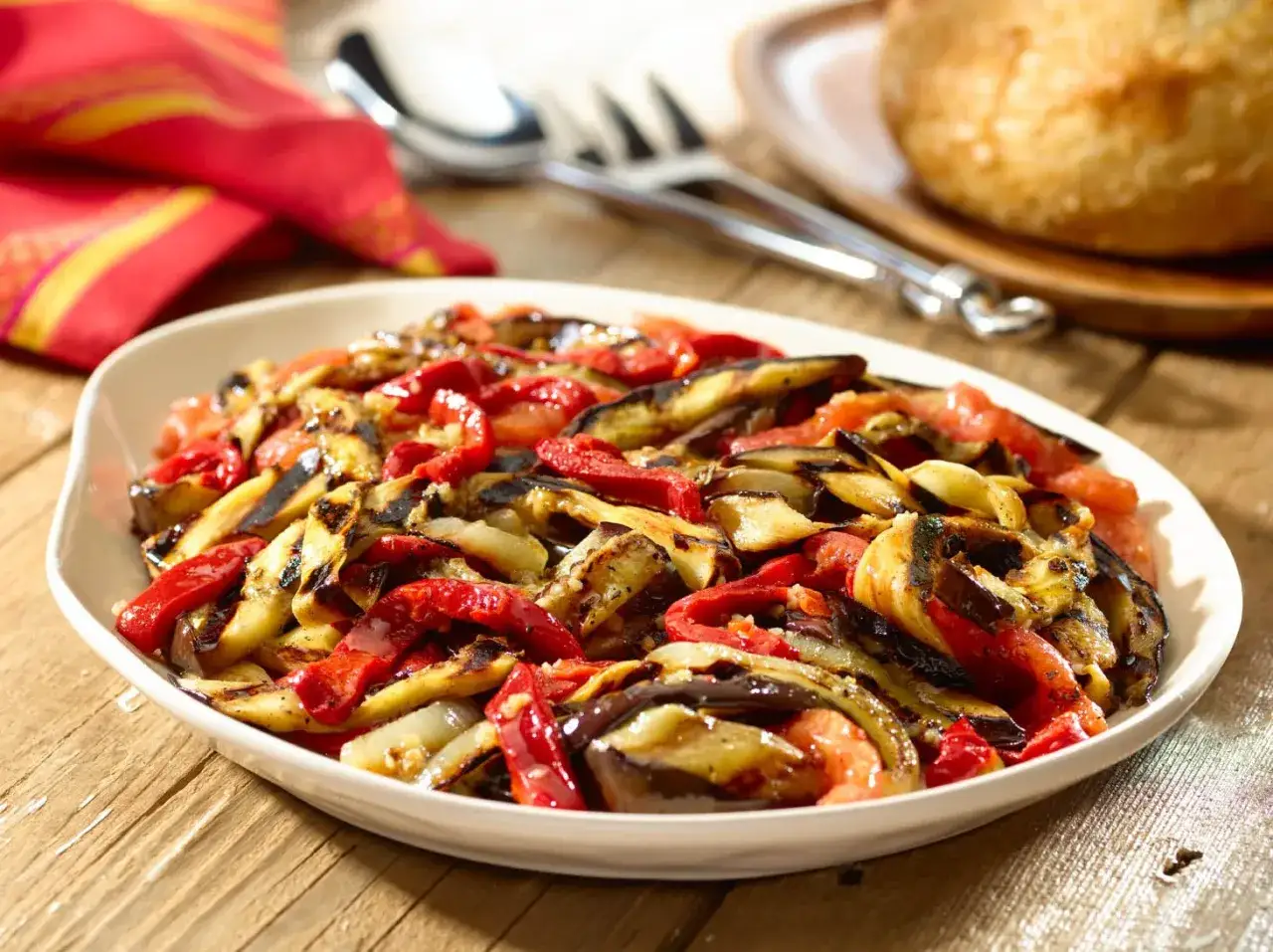 Deliciosa parrillada de verduras con berenjenas y pimientos rojos asados, servida en un plato blanco sobre una mesa de madera.