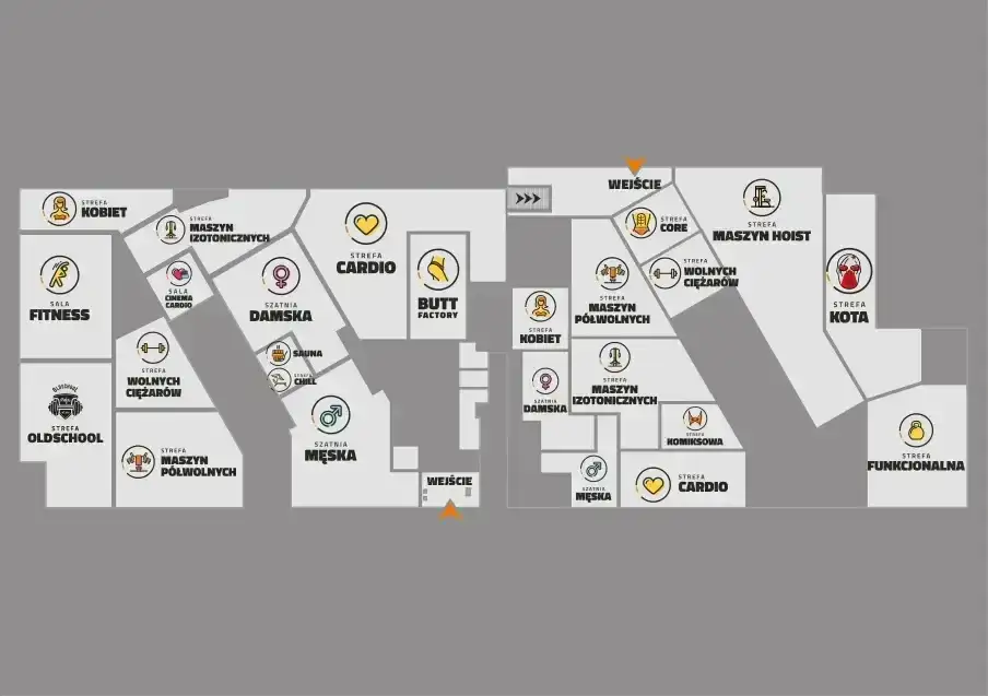 Mapa Katowic z lokalizacjami klubów CrossFit, wnętrze boxu CrossFit