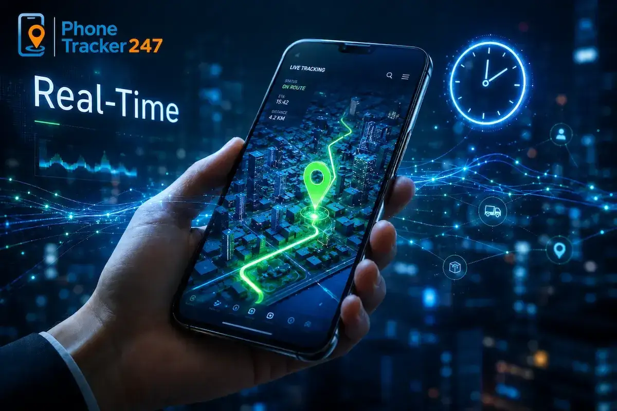 Aplikacja Phone Tracker 247 pokazuje, jak namierzyć telefon po numerze. Widok mapy z trasą na żywo i ikoną lokalizacji.