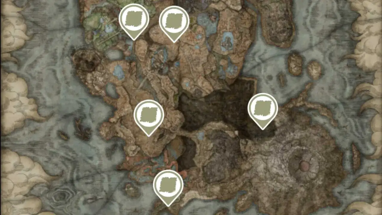 Mapa Elden Ring DLC z zaznaczonymi lokacjami. Odkryj nowe tereny i tajemnice w rozszerzeniu gry.