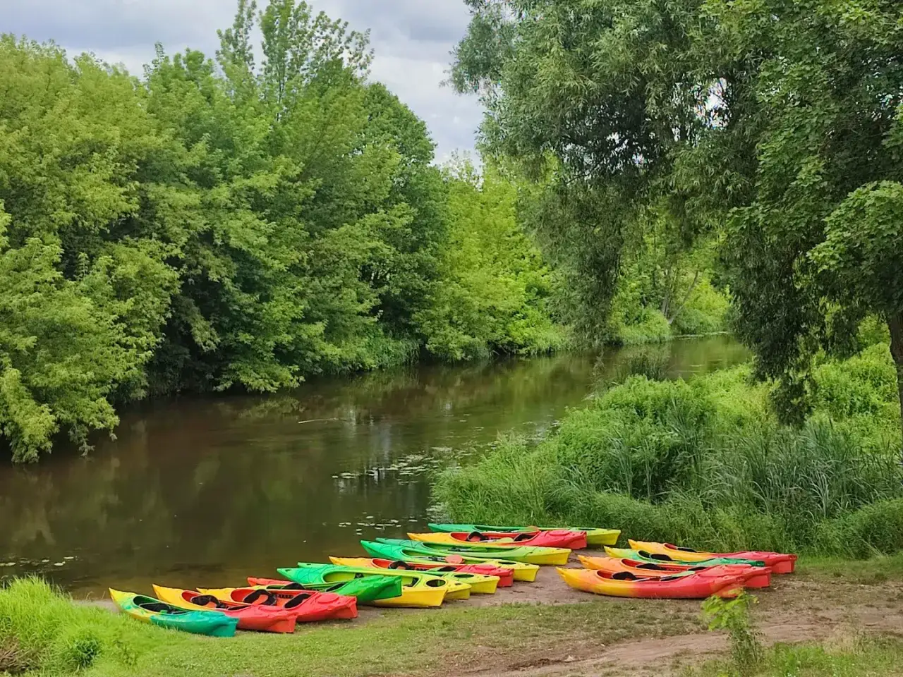 Kolorowe kajaki czekają nad rzeką na mazowieckie spływy kajakowe. Zielone drzewa i spokojna woda zapraszają do przygody.