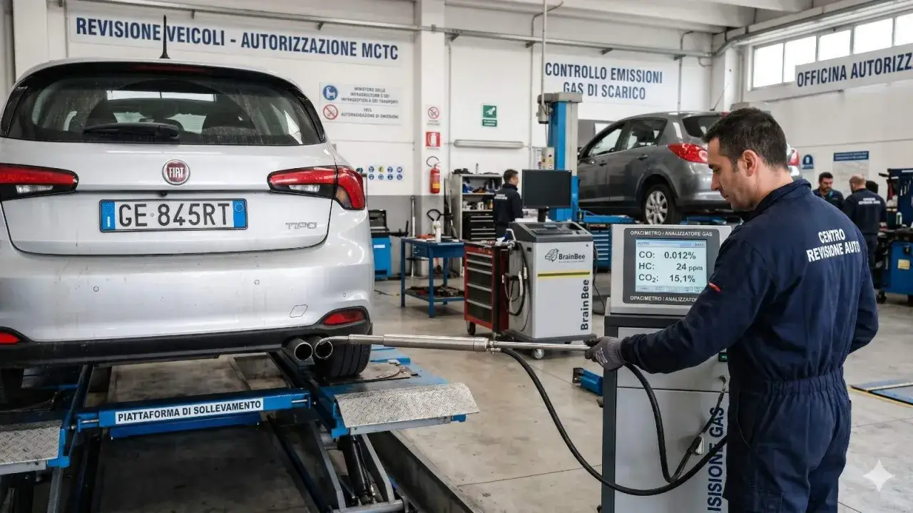 Un tecnico esegue il controllo emissioni su un'auto. Scopri quanto costa la revisione auto 2026 per essere in regola.