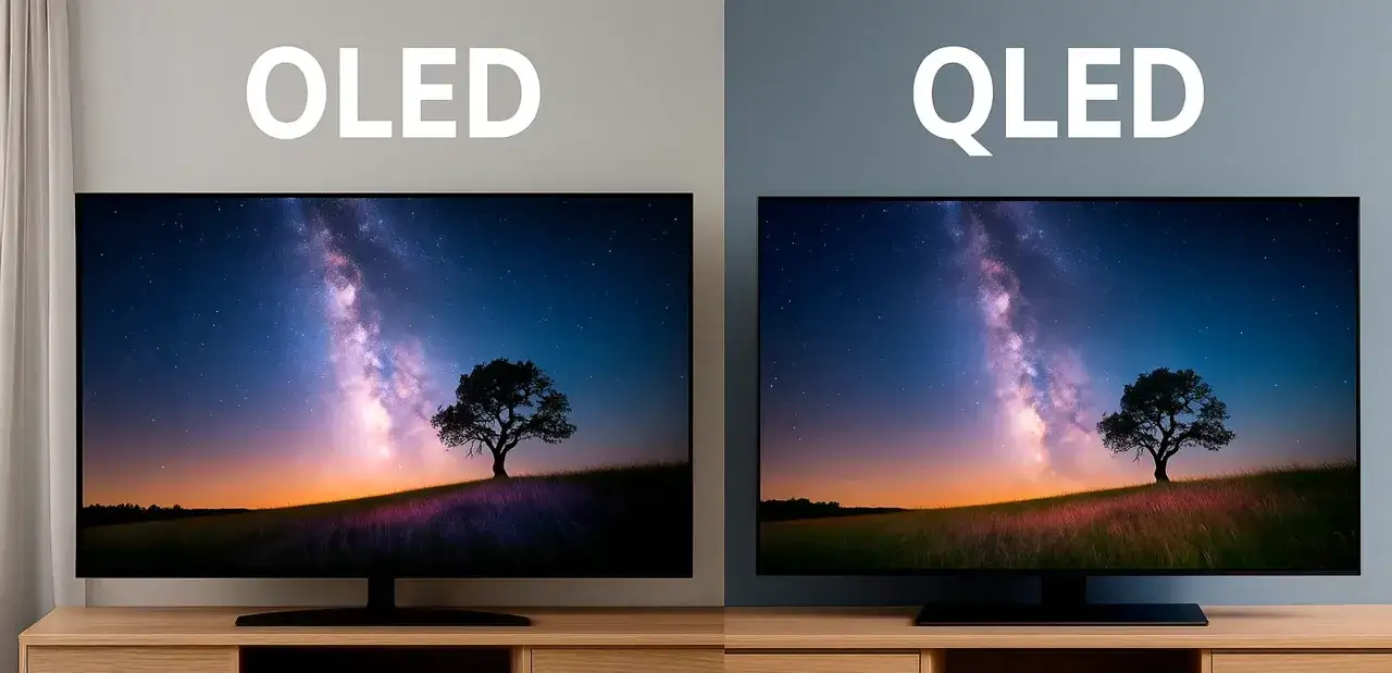 Comparaison visuelle : un écran OLED et un écran QLED affichent la même scène de ciel étoilé. La différence entre LED et QLED est subtile.