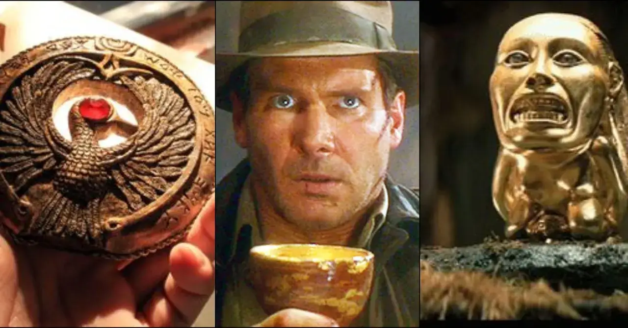 Trzy panele: amulet z ptakiem, zbliżenie na twarz Jonesa, filmowego archeologa, i złota maska.