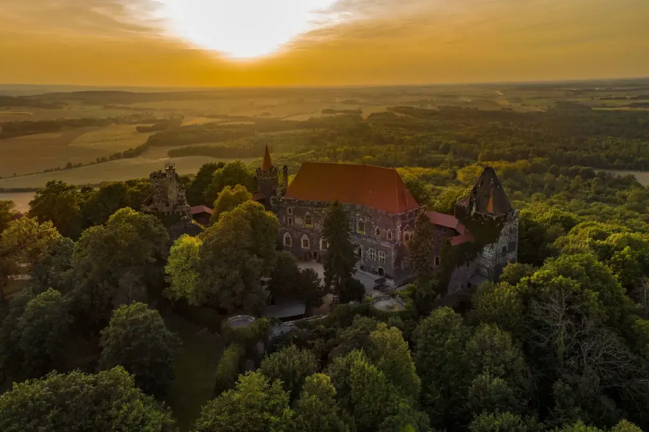 Zamek Grodziec otoczony zielenią, skąpany w złotym blasku zachodzącego słońca. Majestatyczne mury i wieże wznoszą się ponad drzewami.