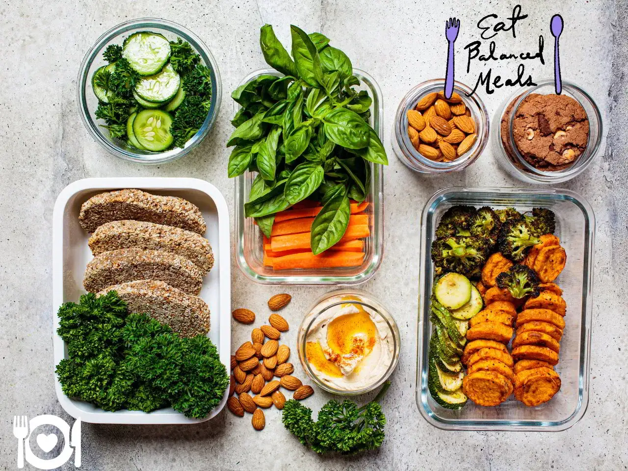 Gotowe do spożycia posiłki: kotlety, warzywa, hummus i migdały. Idealny meal prep na zdrowy tydzień.