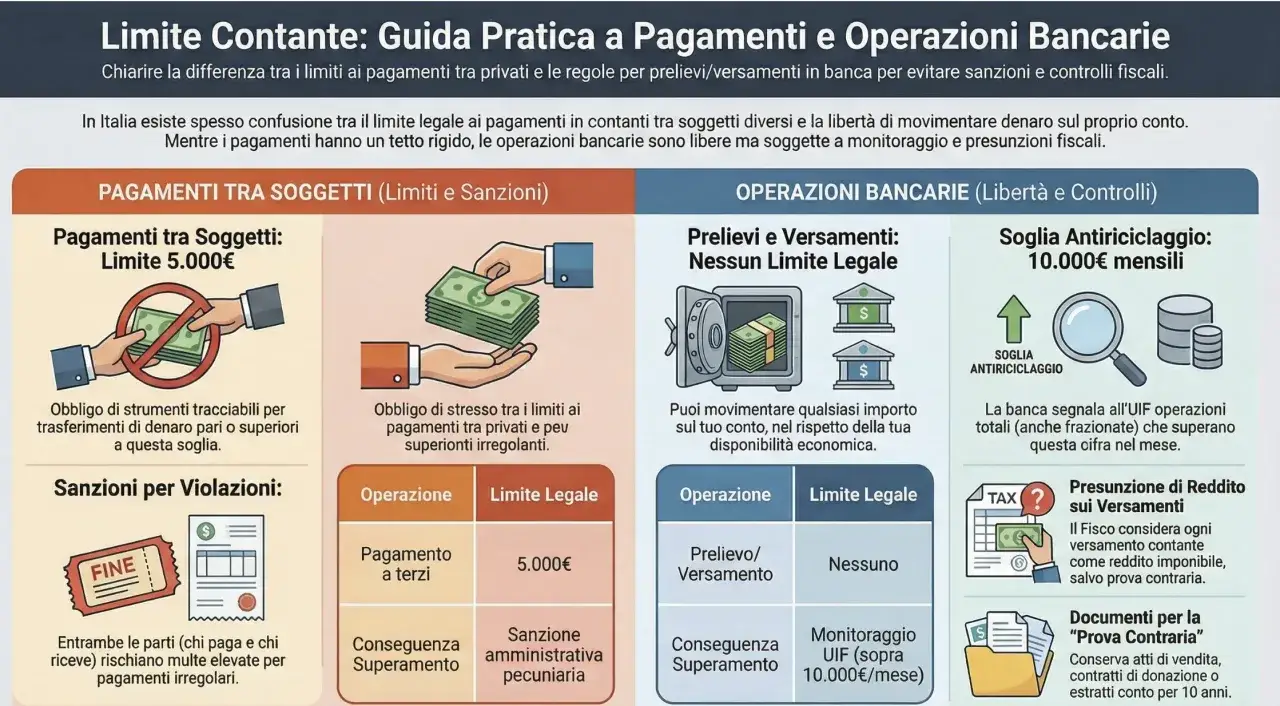 Guida ai pagamenti: limite 5.000€ tra privati, sanzioni per violazioni. Operazioni bancarie libere, ma attenzione alla soglia antiriciclaggio di 10.000€ mensili per evitare controlli.