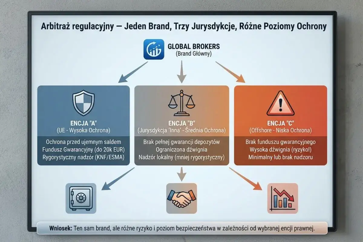 Czy trading jest legalny? Schemat pokazuje, że ten sam brand Global Brokers oferuje różne poziomy ochrony w zależności od jurysdykcji (A, B, C), wpływając na ryzyko.