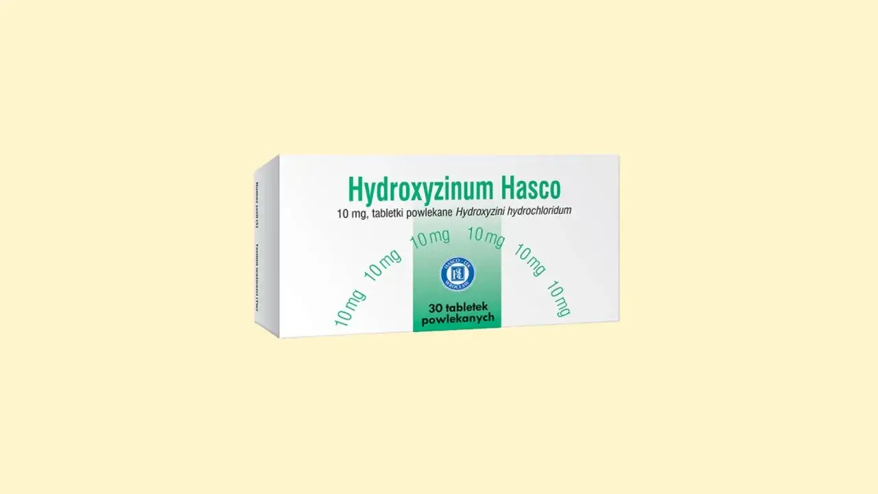 Opakowanie leku Hydroxyzine Hasco, zawierające 30 tabletek powlekanych po 10 mg. Hydroxyzyna w tabletkach.