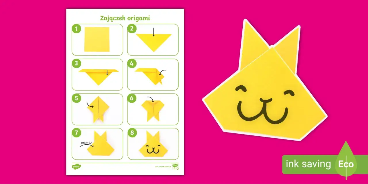 Instrukcja krok po kroku, jak zrobić żółte **zajączki z papieru** metodą origami. Obok gotowy, uśmiechnięty zajączek.