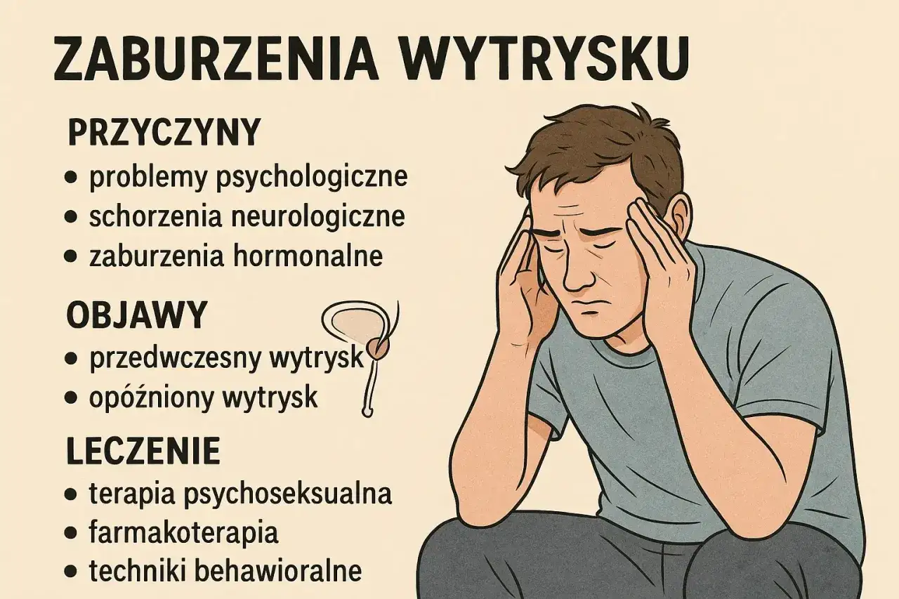 Mężczyzna z dłońmi na skroniach, cierpiący z powodu zaburzeń wytrysku. Lista przyczyn, objaw&oacute;w i metod leczenia.