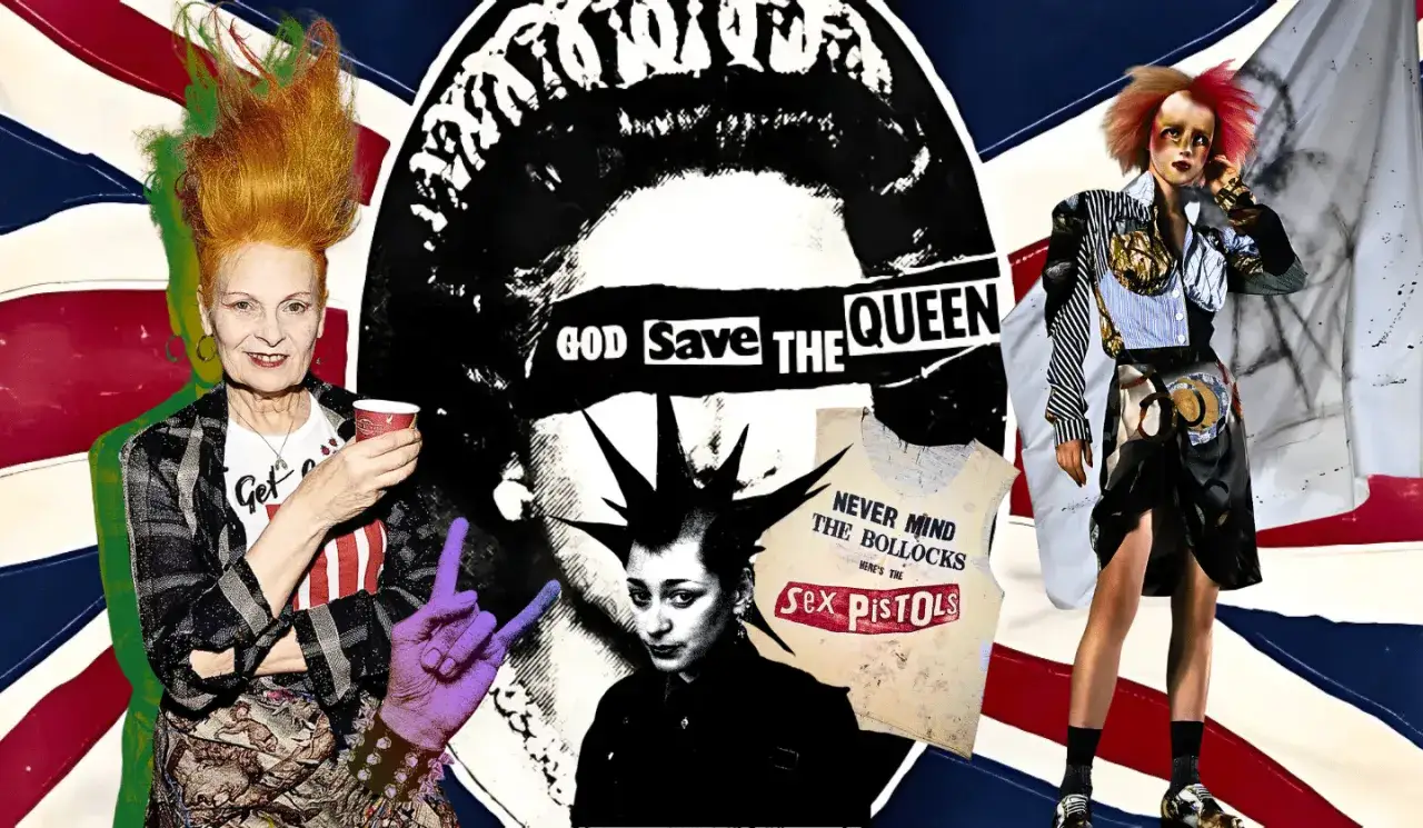 Vivienne Westwood Punk Ikone mit Union Jack und Sex Pistols-Motiven.