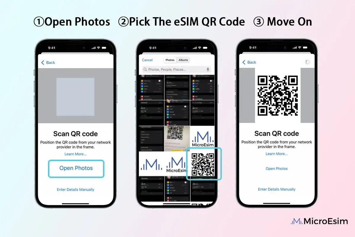 Étapes pour configurer une carte eSIM : ouvrir Photos, sélectionner le code QR eSIM, puis scanner.