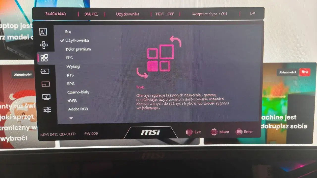 Menu monitora MSI z opcjami