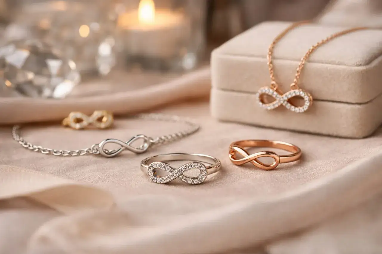 Gioielli scintillanti a forma di otto infinito: collana, bracciale e anelli in argento e oro rosa, su un tessuto morbido.