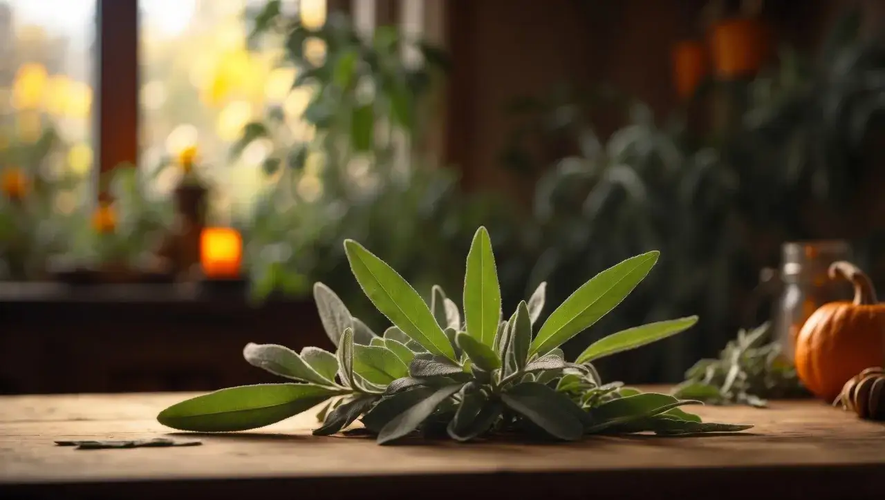 Frische Salbeiblätter liegen auf einem Holztisch. Im Hintergrund ein Fenster mit Kerzenlicht und ein kleiner Kürbis. Was ist Salbei? Ein aromatisches Kraut.