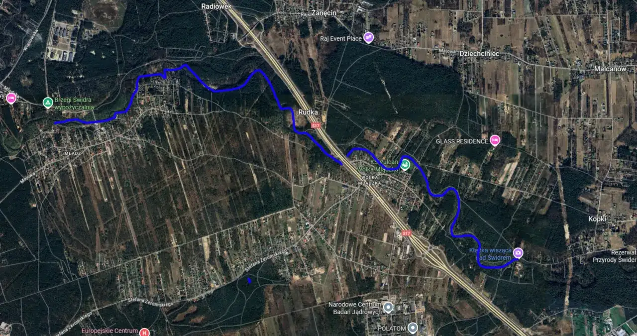 mapa tras spływu kajakowego Świder