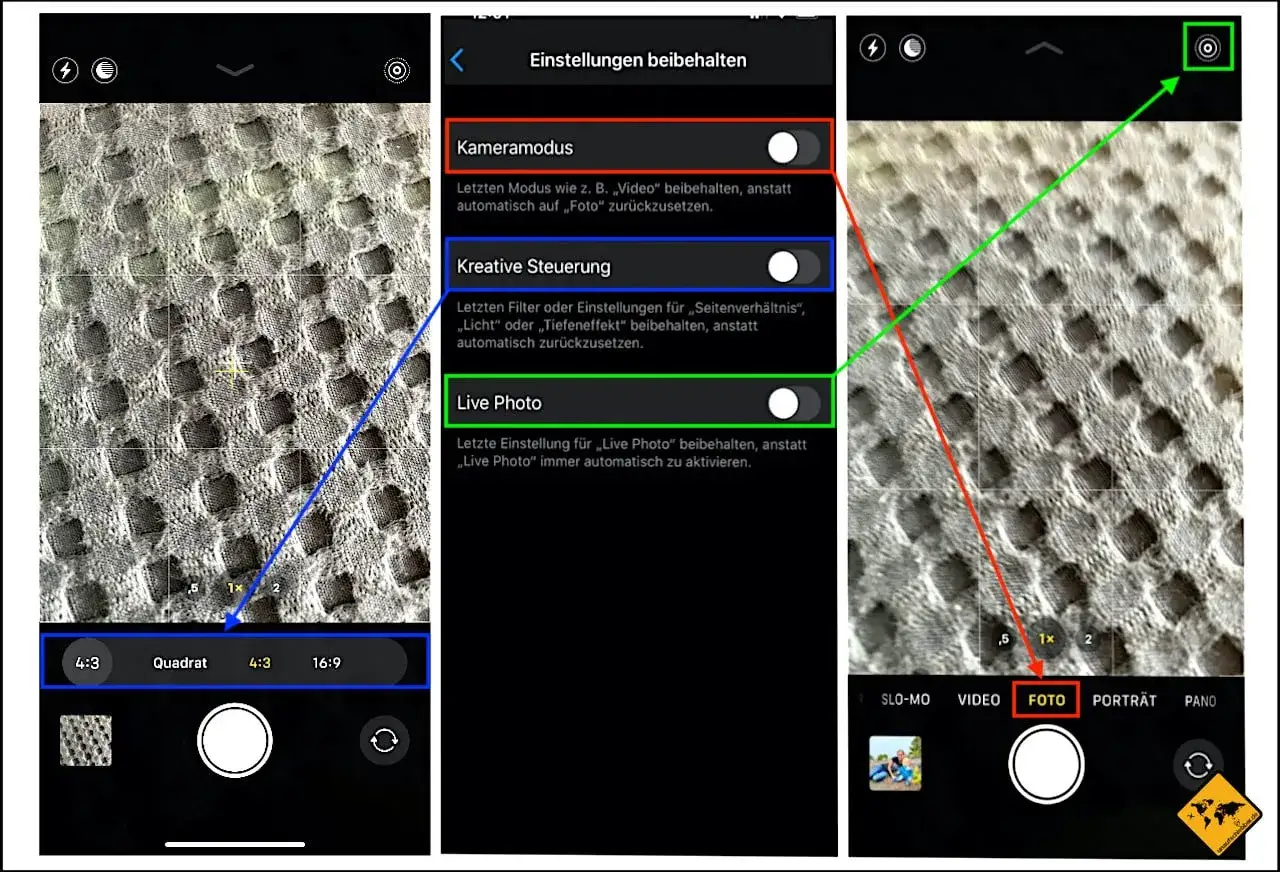 iPhone-Einstellungen: Kameramodus, Kreative Steuerung und Live Photo beibehalten. So wird sichergestellt, dass Fotos im JPG-Format statt HEIC gespeichert werden.