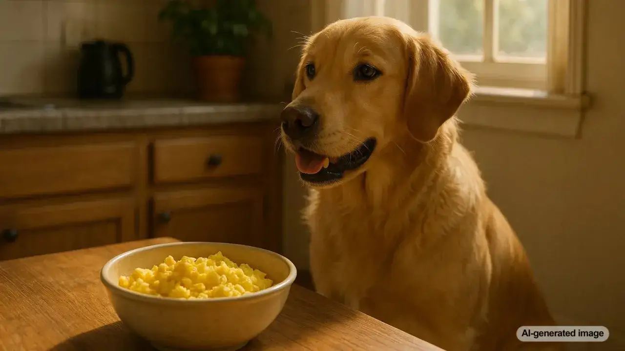A golden retriever looks hopefully at a bowl of scrambled eggs, wondering if dogs can eat eggs.