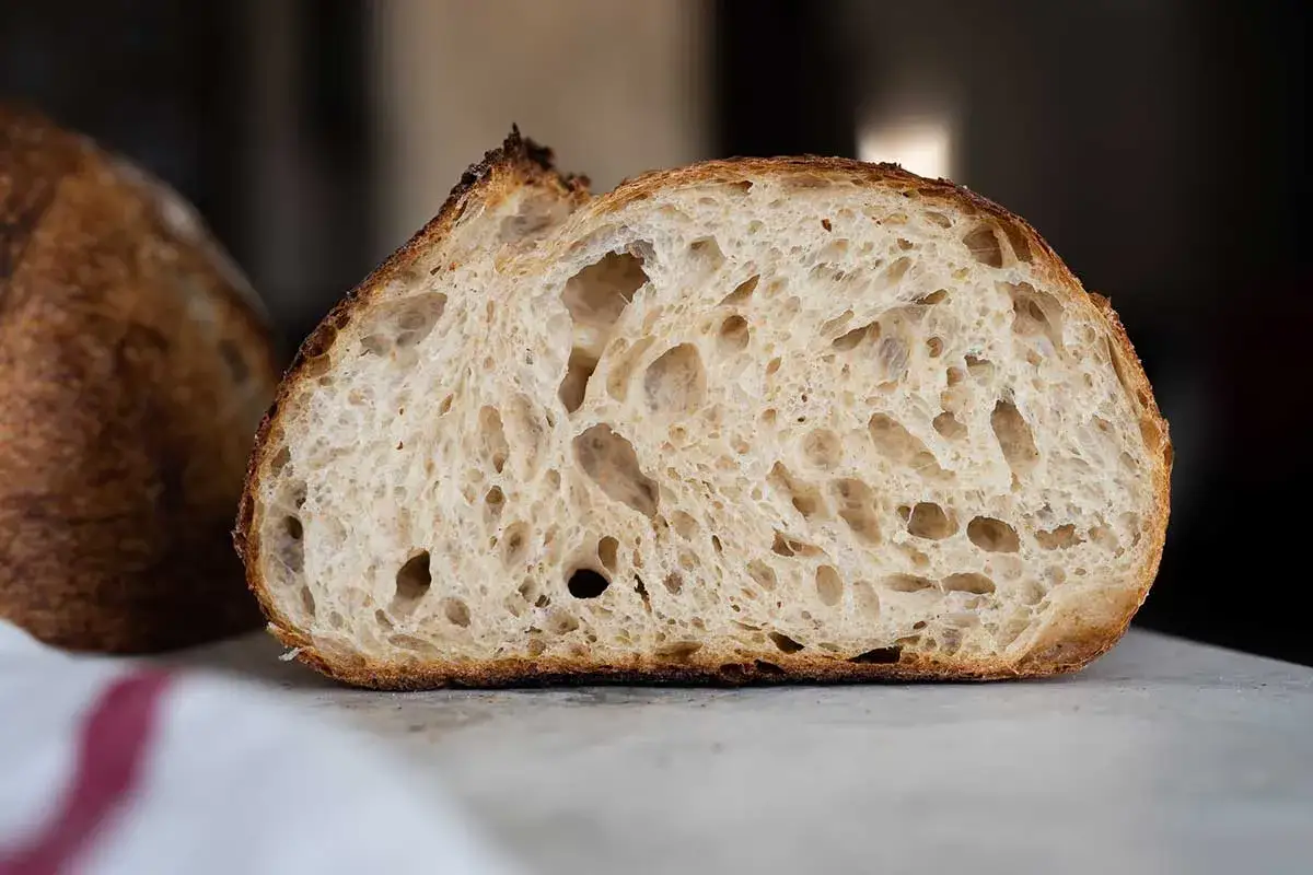 Rebanada de pan masa madre con miga alveolada y corteza dorada.