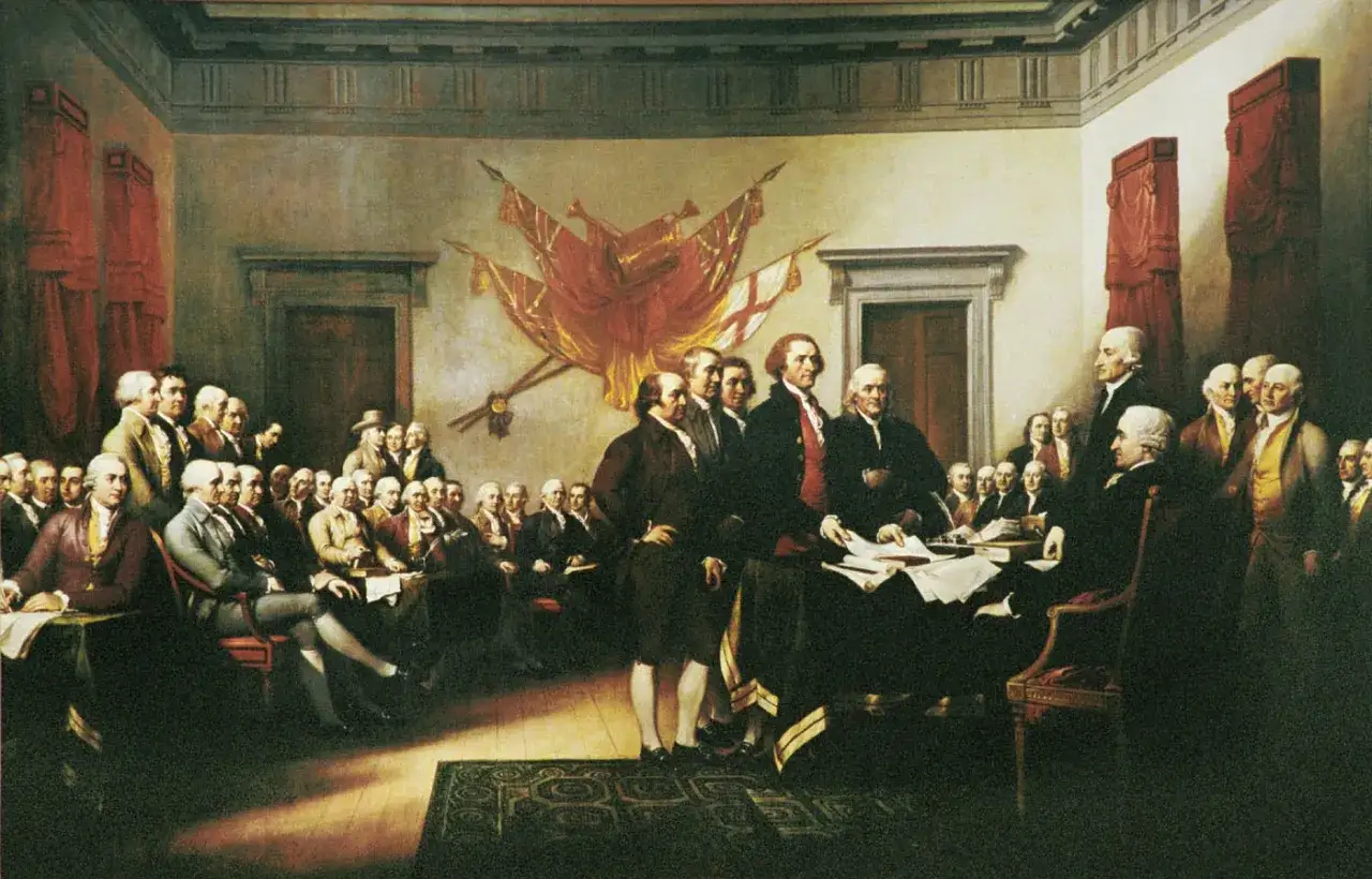 M&auml;n samlade i ett rum, diskuterar och skriver under dokument. En historisk scen som skildrar den amerikanska revolutionen.