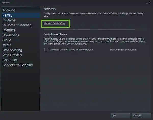 Steam Families parental controls interface