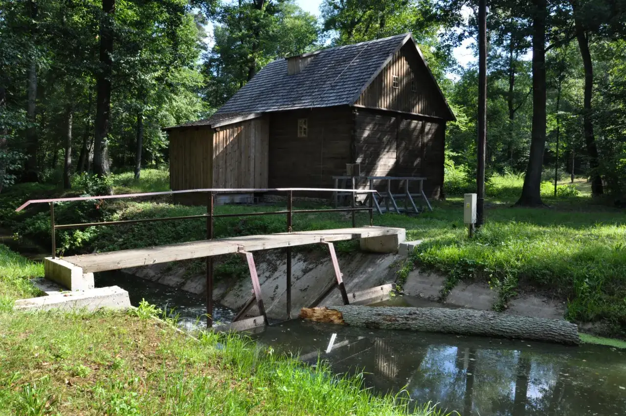 Drewniany domek i mostek nad strumieniem w malowniczej miejscowości Radoliszki.