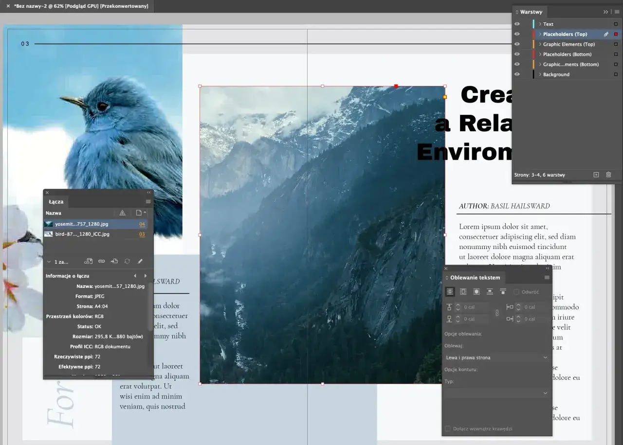 Projekt w **Adobe Design**: ptak na tle gór. Warstwy projektu, informacje o pliku i tekst.