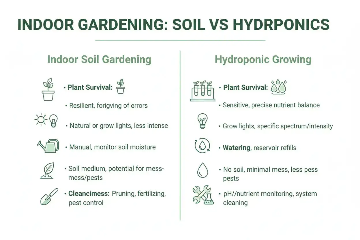 Confronto tra giardinaggio indoor con terra e idroponico. La terra è più resiliente, l'idroponica richiede un equilibrio preciso dei nutrienti.