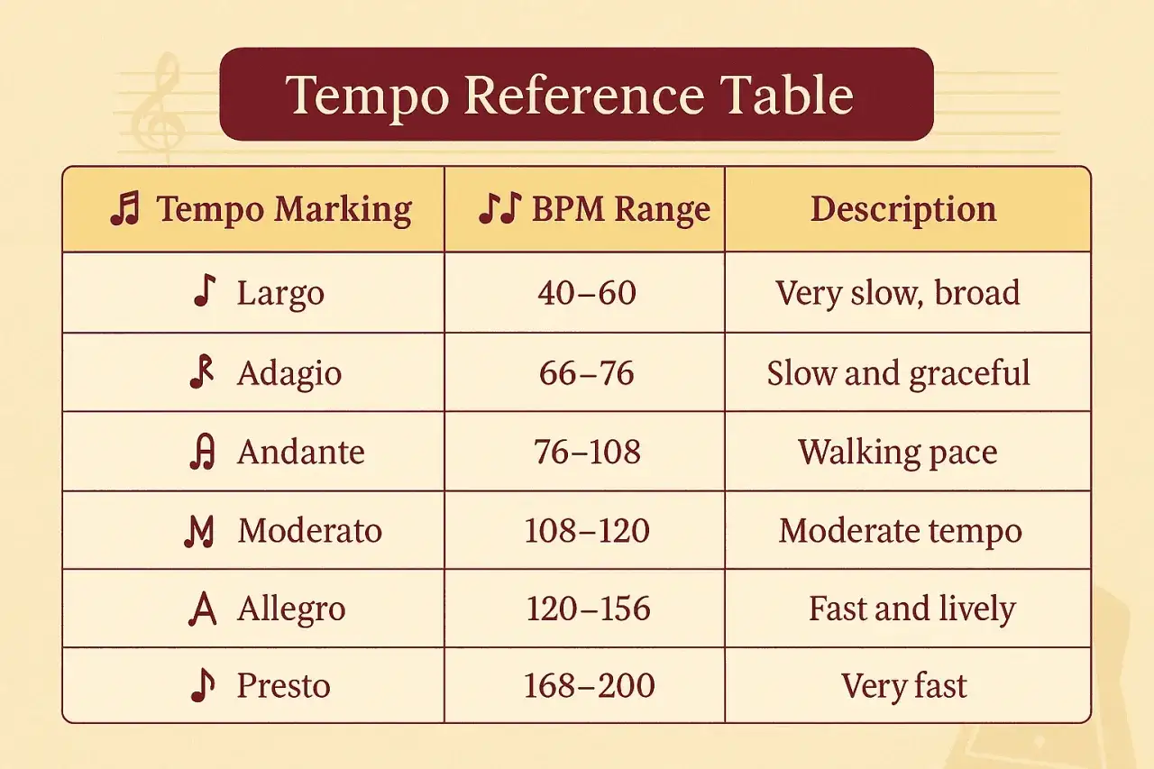 Tableau de r&eacute;f&eacute;rence des tempos musicaux, expliquant la m&eacute;tronome d&eacute;finition pour chaque indication (Largo, Adagio, etc.) avec sa plage de BPM et sa description.