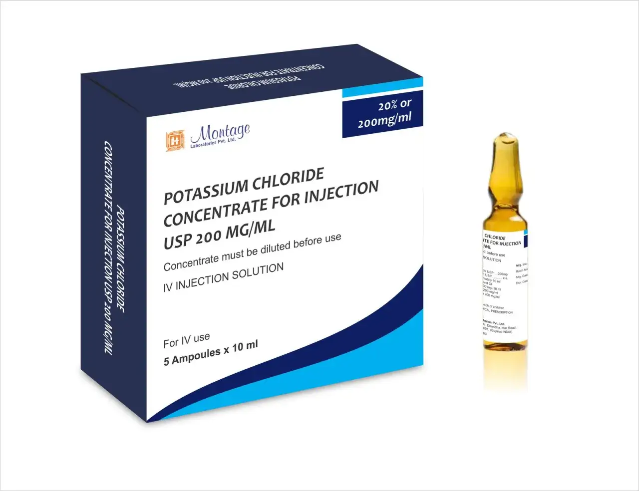 Opakowanie i ampułka z koncentratem chlorku potasu do iniekcji, 200 mg/ml.