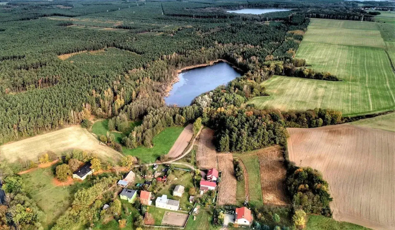 Widok z lotu ptaka na małe jezioro otoczone lasem, pola uprawne i kilka domów.