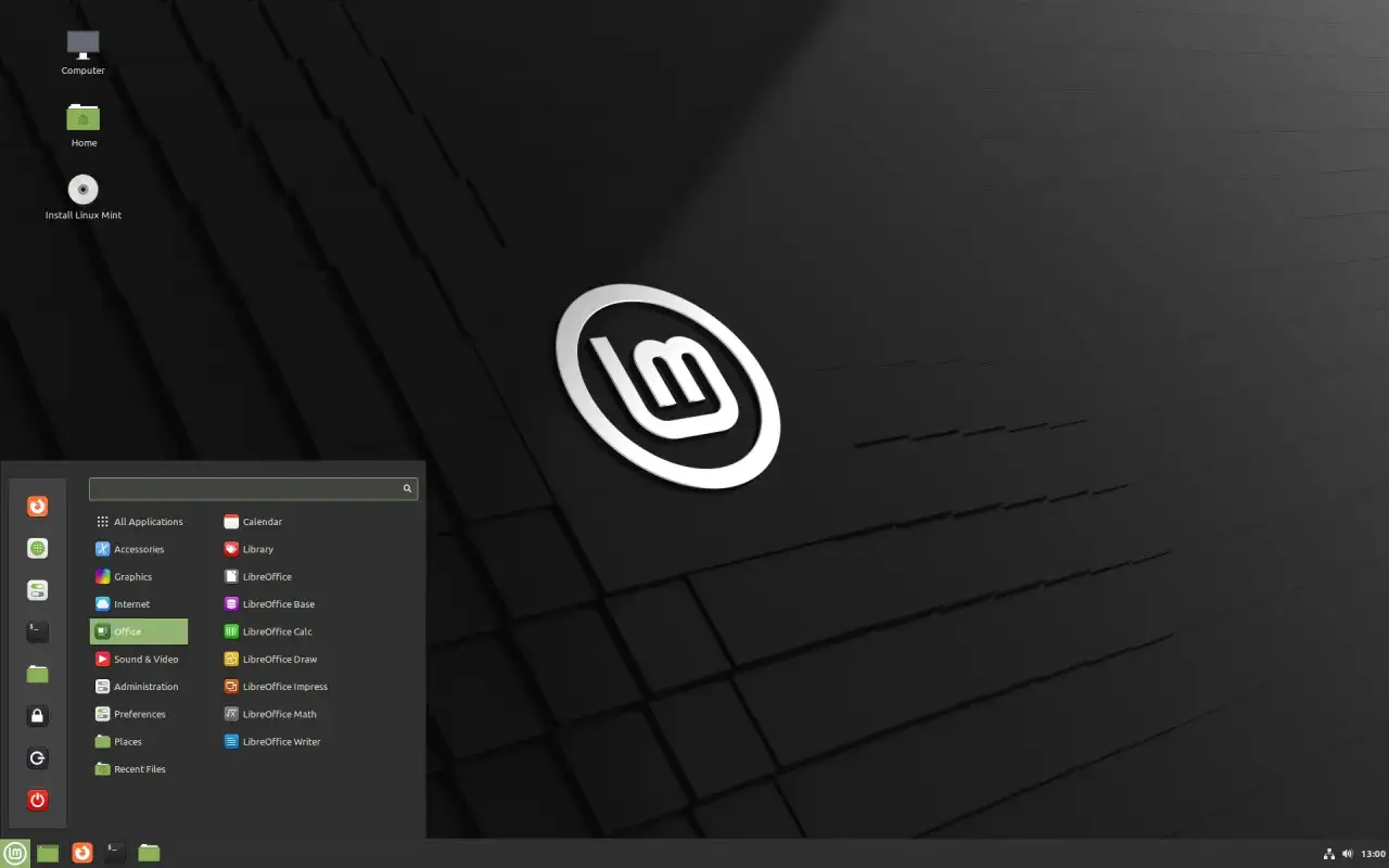 Pulpit Linux Mint Mate z menu aplikacji otwartym na sekcji
