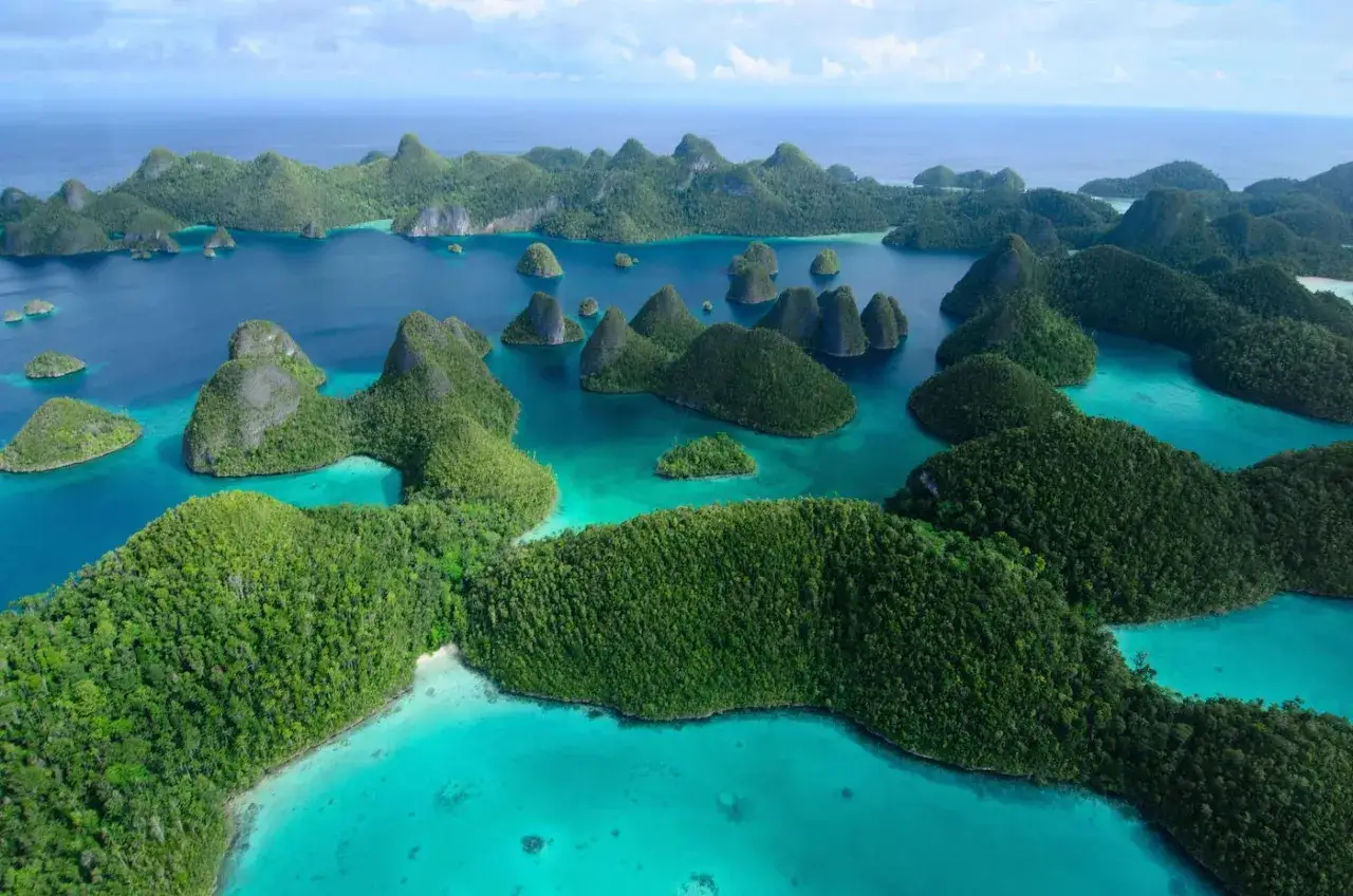 Rajskie krajobrazy Raja Ampat: bujne, zielone wyspy wyrastające z turkusowych wód, tworzące labirynt zatoczek i lagun.
