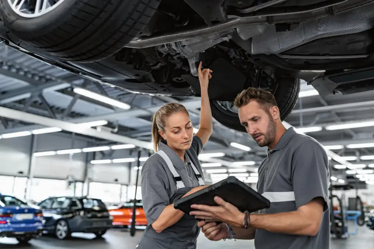 Zwei Mechaniker prüfen den Unterboden eines Autos. Die Frau zeigt auf ein Bauteil, während der Mann auf einem Tablet die Daten der BMW Inspektion abliest.