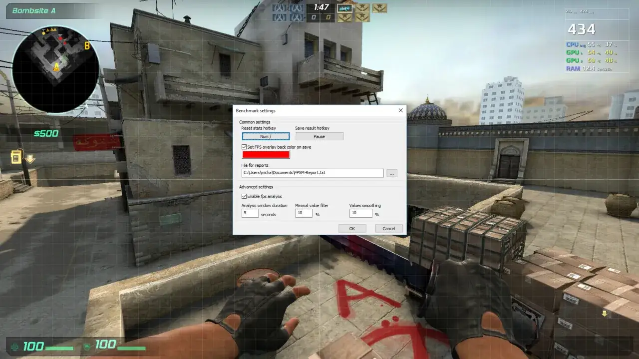 Spieler passt Einstellungen an, um die FPS anzeigen zu lassen. Das Fenster