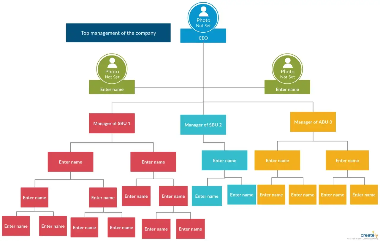 Organigramma aziendale con CEO, manager di SBU e ABU, e dipendenti. Struttura gerarchica per definire ruoli e responsabilit&agrave;.
