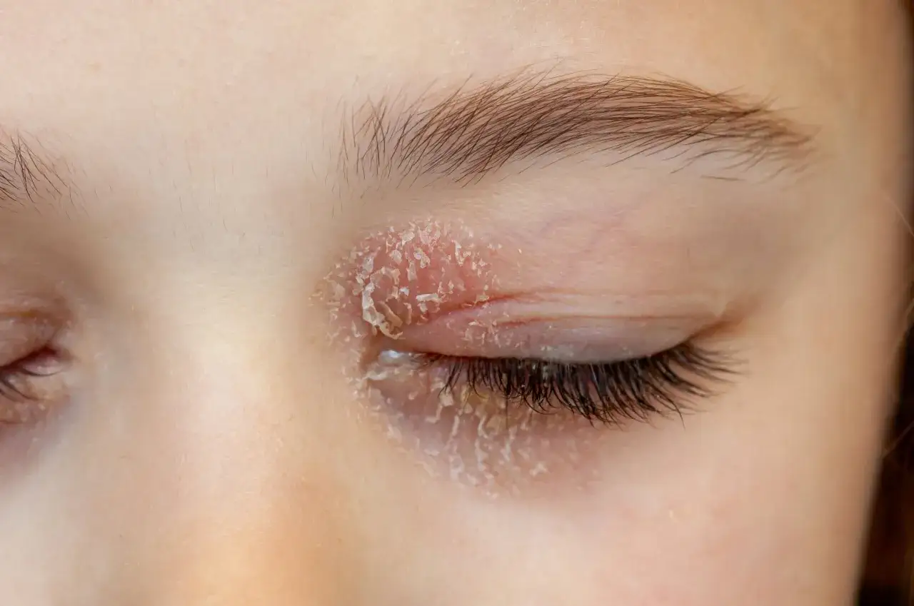 Gros plan sur un œil enfantin présentant une peau sèche et squameuse sur la paupière, suggérant une cause d'eczéma aux yeux.