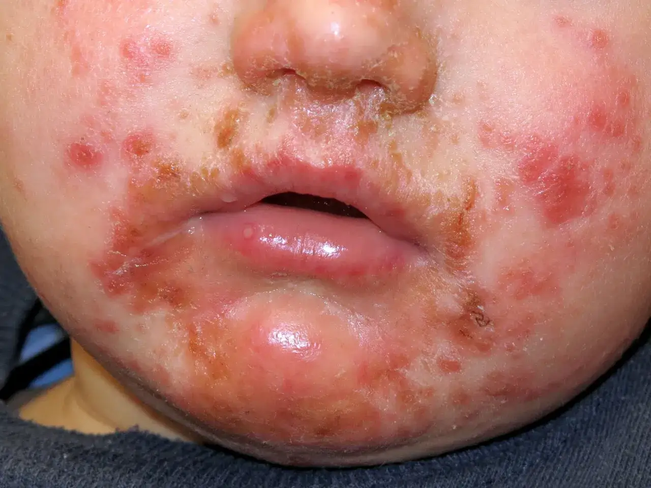 Boca y mejillas de un bebé con lesiones rojas y costras, indicativas de impétigo en niños.